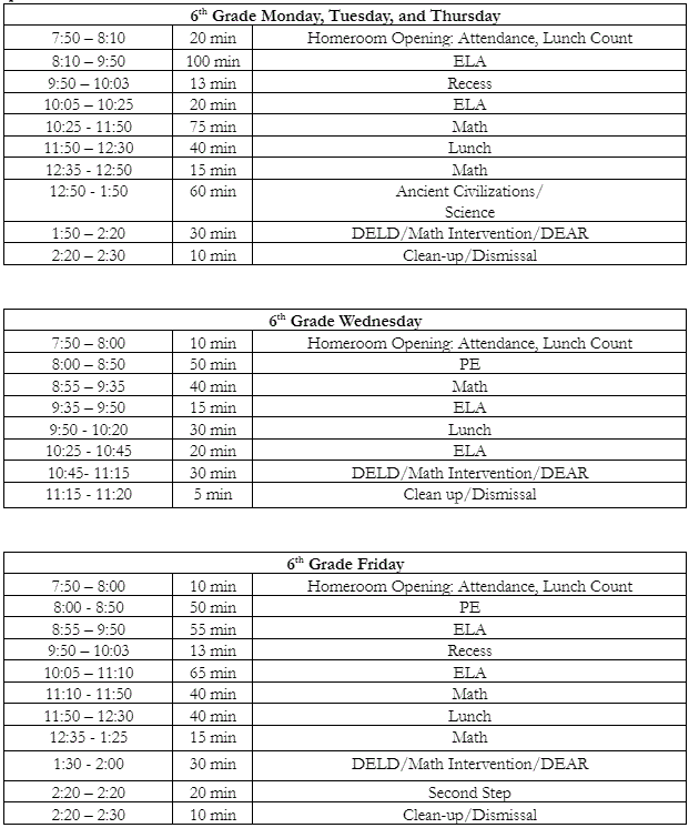 6th Grade Schedule 2022-2023